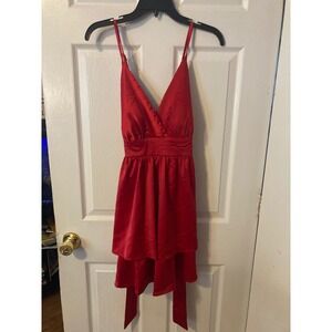 Xtraordinary Red Satin Tiered Mini Dress V-Neck Tie Back Special Occasion Size 9